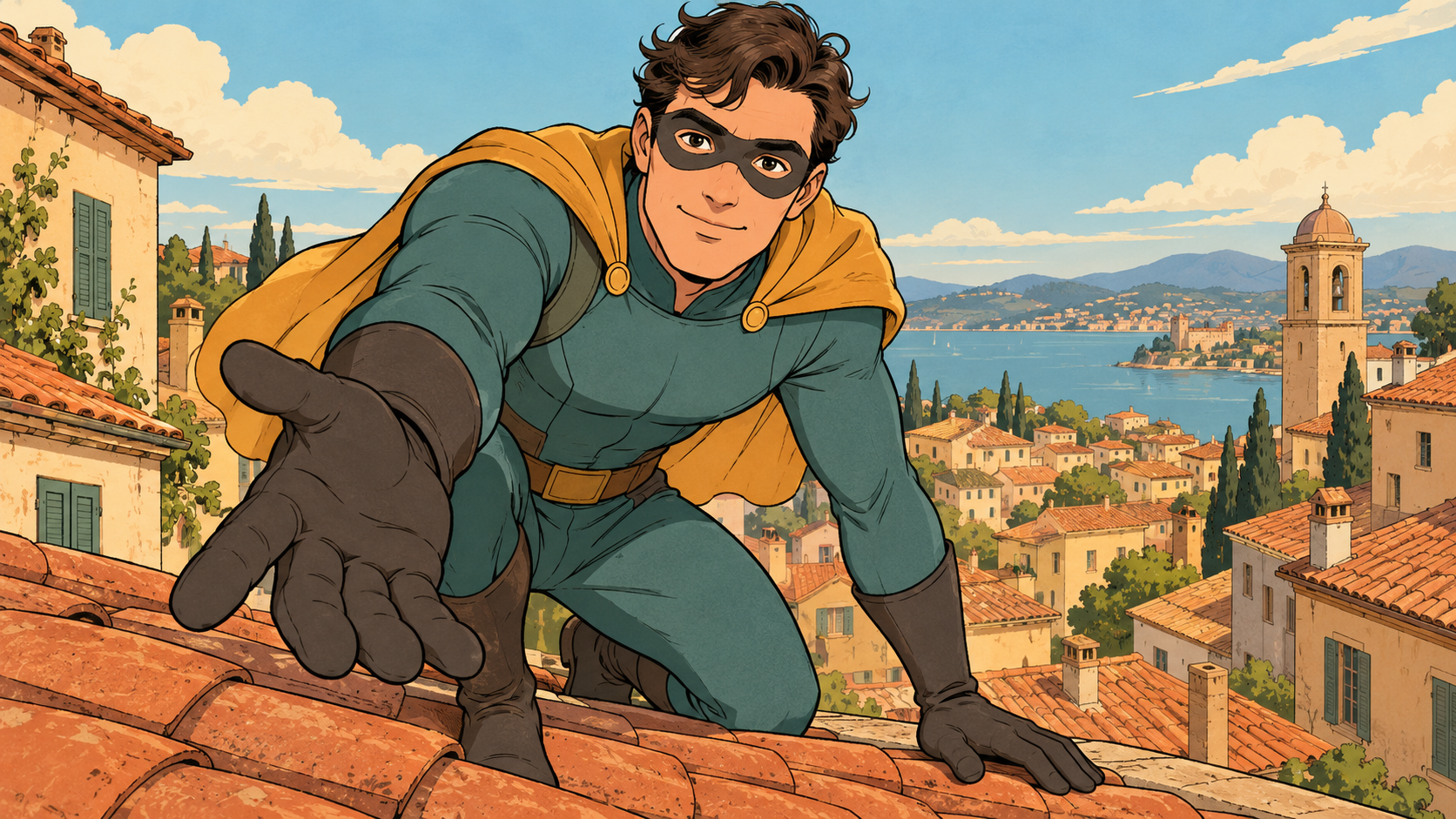 An original fictional hero in a teal suit and ochre cape reaches out a helping hand from a rooftop.