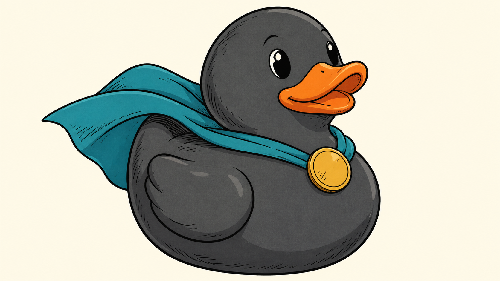 A charcoal rubber duck with an orange beak, teal cape and gold badge.