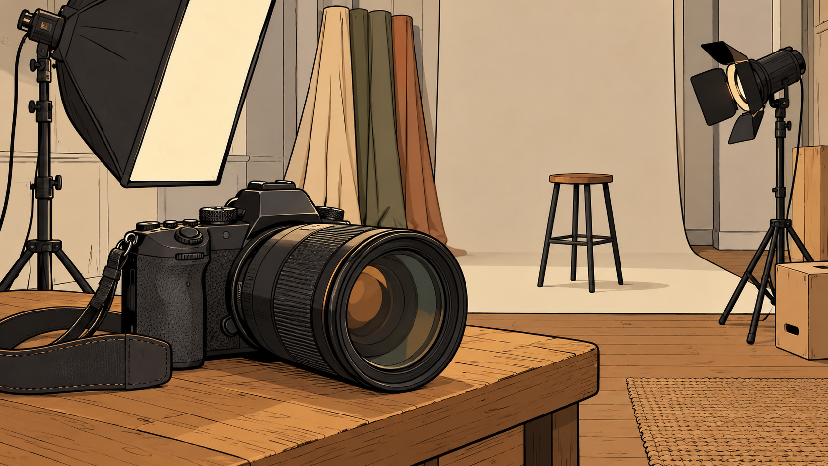 A camera, portrait stool, backdrops and lights in an imagined photography studio.