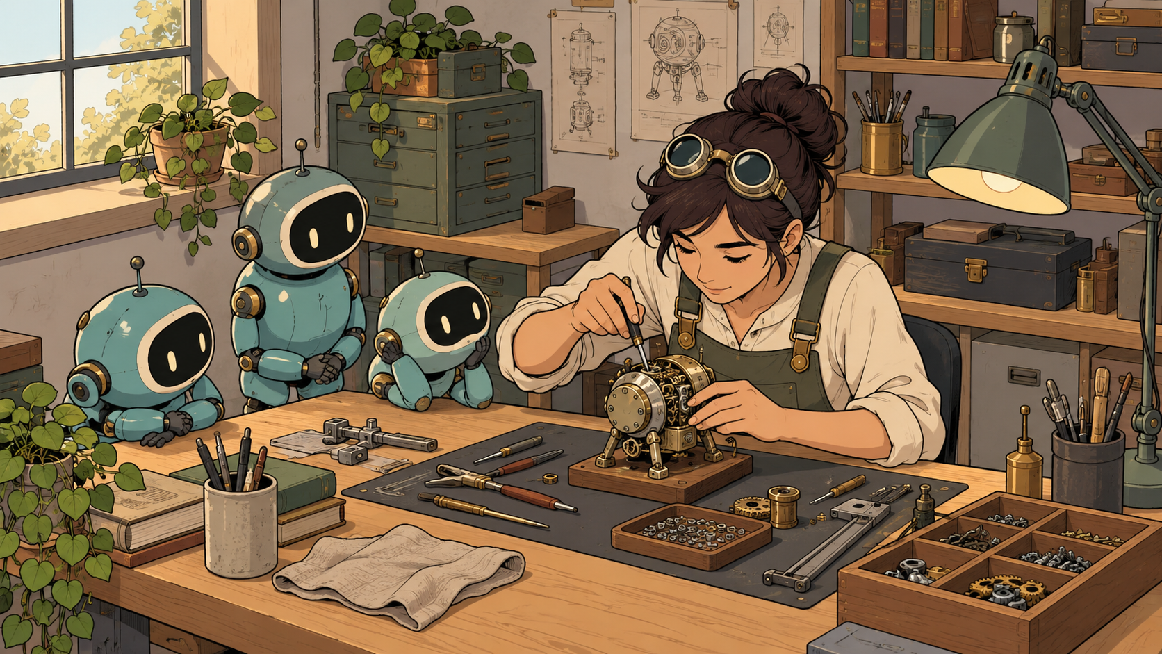 An inventor concentrating on a plan while three small teal robots gather around.