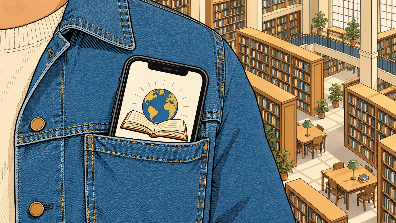 A phone in a denim pocket shows an open book and globe, with a library behind it.