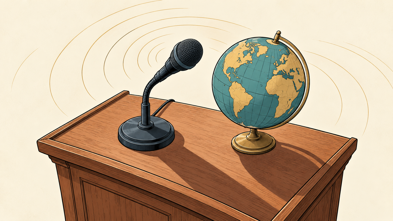 A microphone and lectern beside a globe.