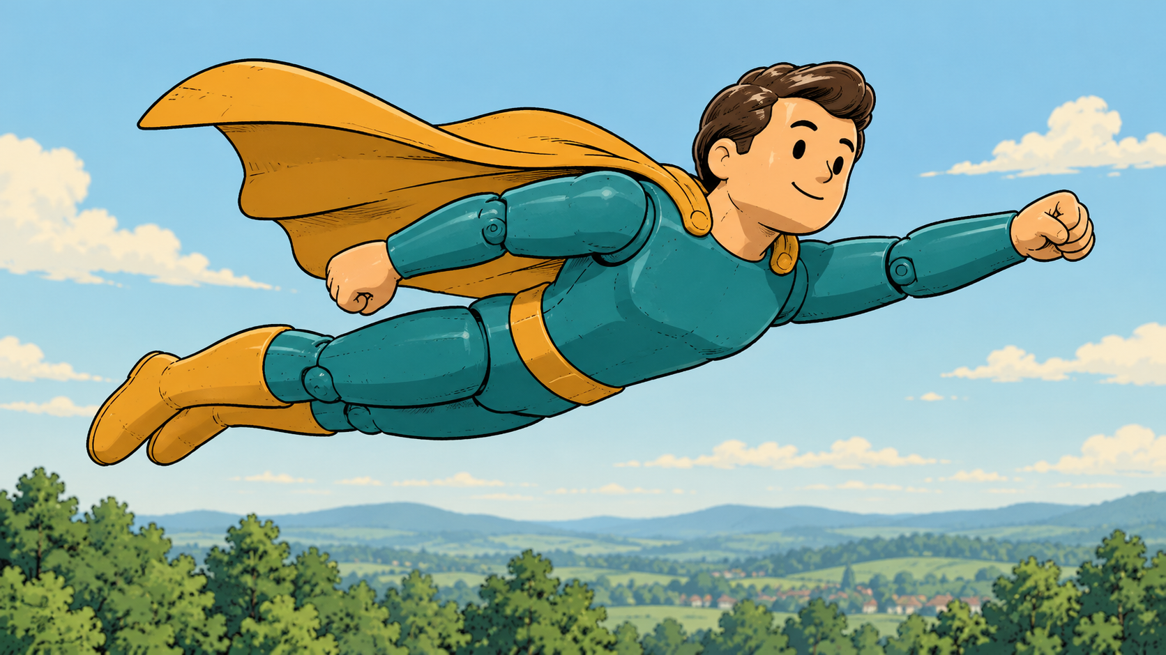 An original toy hero in a teal suit and ochre cape.
